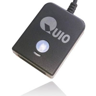 Appareil rectangulaire noir avec un bouton rond et le logo 'QUIO' dessus, relié par un câble.