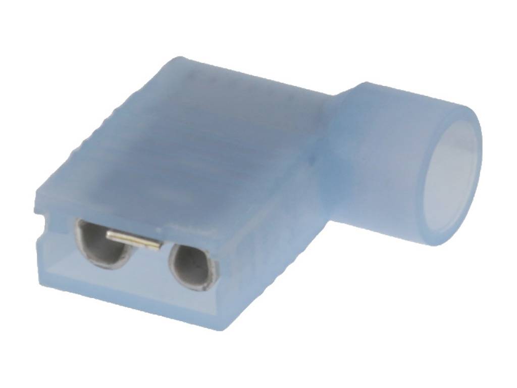 Un embout de câble bleu, isolé, avec connexion à borne plate et manchon coudé, adapté pour les connexions électriques.