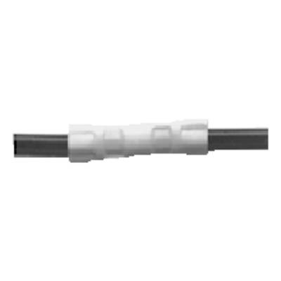 Un connecteur cylindrique blanc reliant deux câbles noirs. Le connecteur présente une surface lisse.