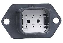 Un connecteur électrique rectangulaire noir avec plusieurs contacts métalliques disposés selon un motif symétrique, destiné à établir une connexion électrique ou de signal.