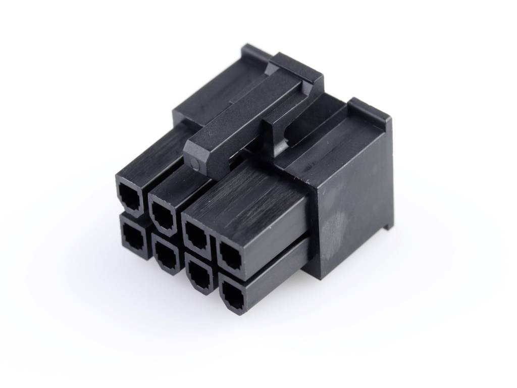 Connecteur noir à 8 broches, couramment utilisé pour les alimentations d'ordinateurs. Six contacts verticaux et deux contacts latéraux, conception symétrique.