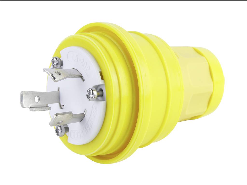 Adaptateur électrique jaune à trois broches métalliques, adapté pour connecter des appareils à des prises électriques spécifiques.