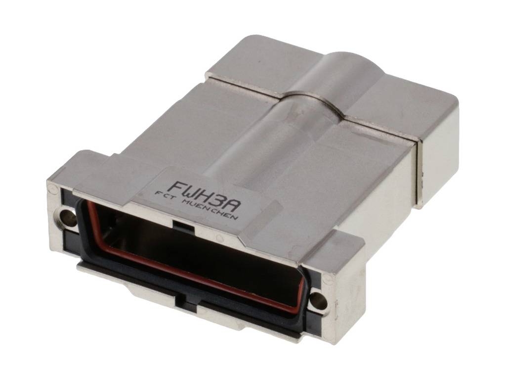 Connecteur métallique de forme rectangulaire avec cadre intérieur noir, adapté aux applications industrielles.
