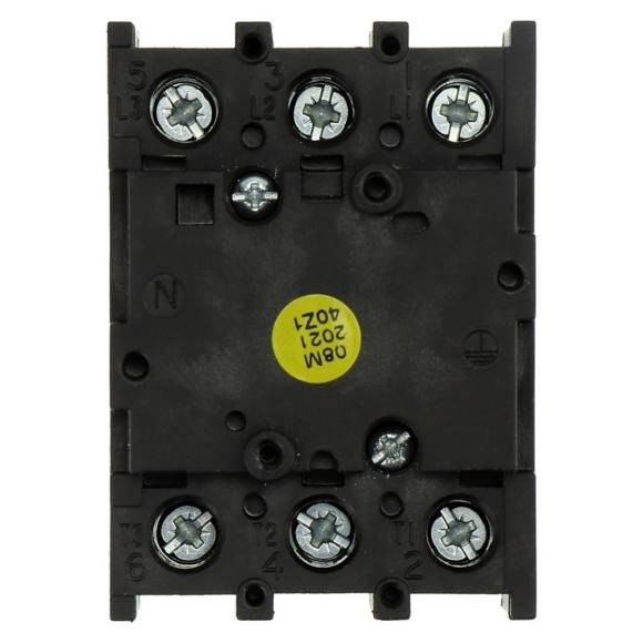Un bloc de connexion électrique noir multipolaire avec cinq bornes à vis, adapté pour les connexions et installations électriques.