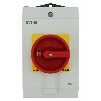 Un interrupteur principal dans un boîtier gris avec un bouton rotatif rouge. L'interrupteur est en position 'OFF'. Le logo du fabricant est situé en haut à gauche.