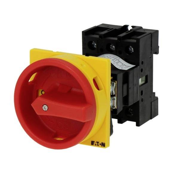 Un commutateur rotatif rouge devant un boîtier noir, avec un cadre jaune portant l'inscription 'EATON', utilisé dans le domaine électrique.
