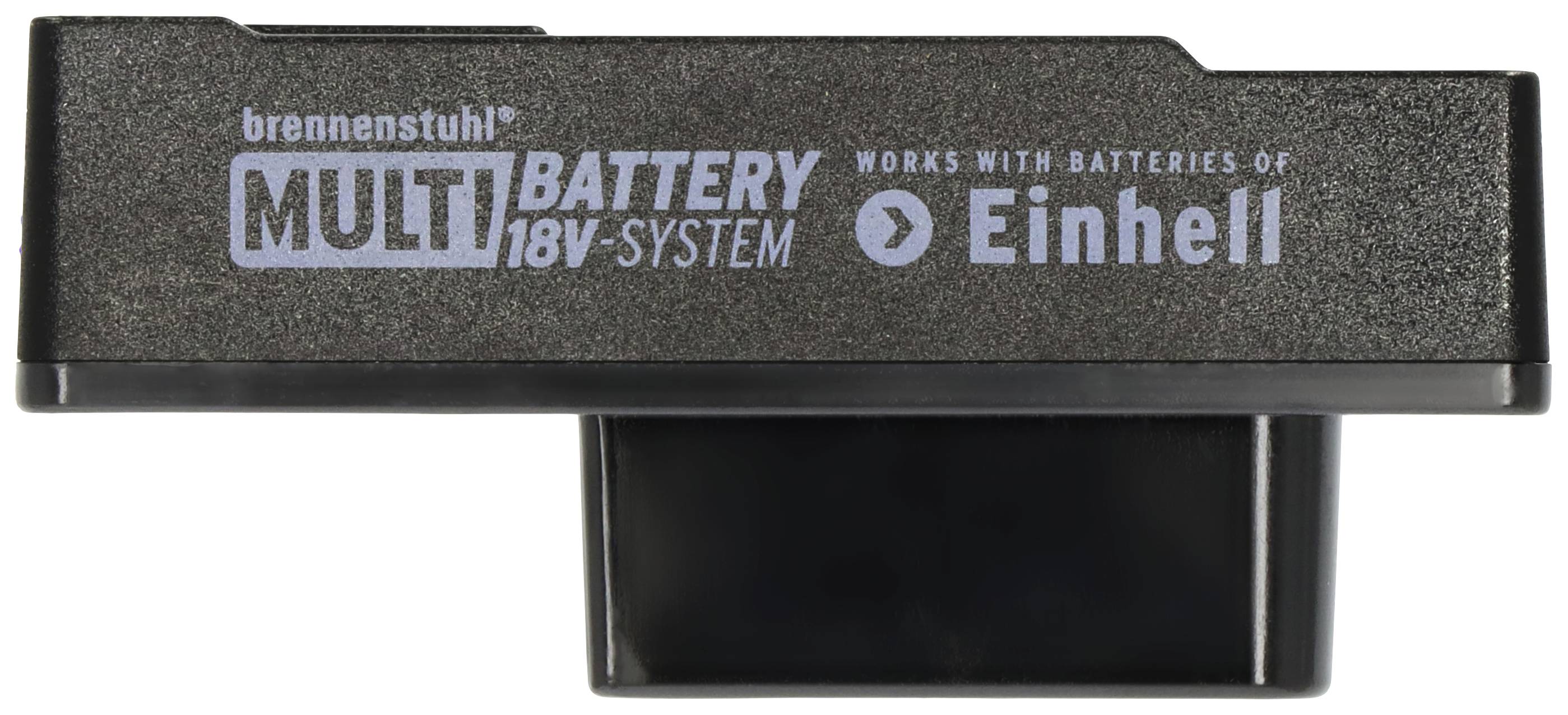 Adaptateur pour le système multi-batterie 18V de 'brennenstuhl', compatible avec les batteries Einhell. Boîtier noir, vue de côté.