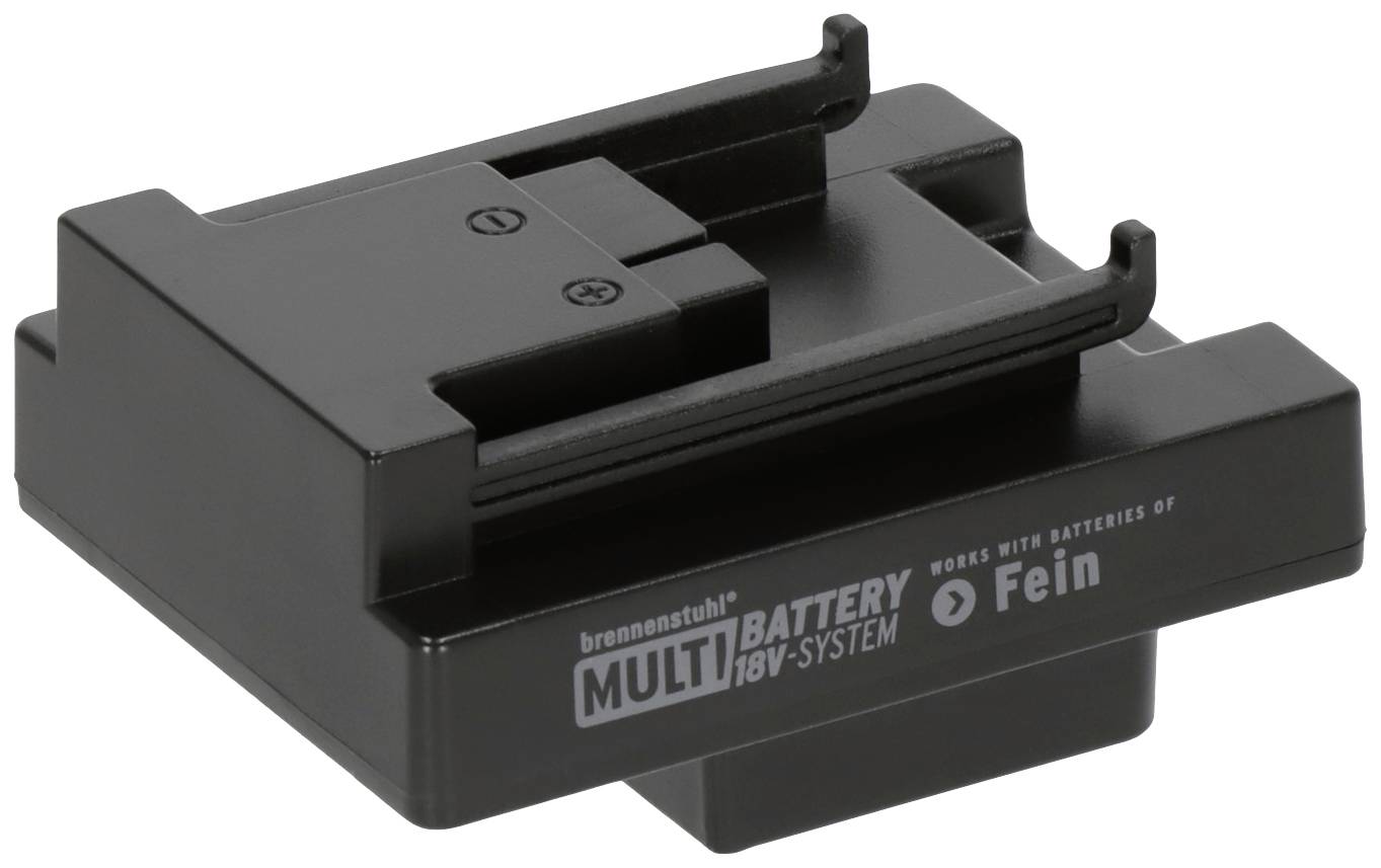Adaptateur pour le système multi-batterie 18V de Brennenstuhl, compatible avec les batteries Fein. Boîtier en plastique noir avec supports.
