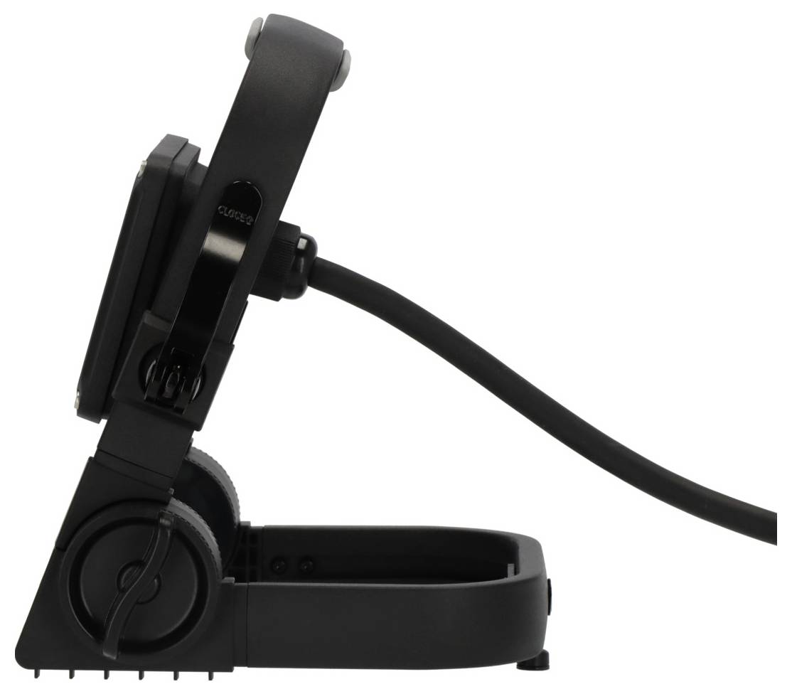 Dispositif de serrage à pince réglable de couleur noire avec un bras articulé et un câble attaché, présenté en vue latérale sur un fond blanc.