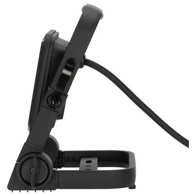 Support de moniteur noir réglable avec câble attaché, montré en vue de profil sur un fond blanc.