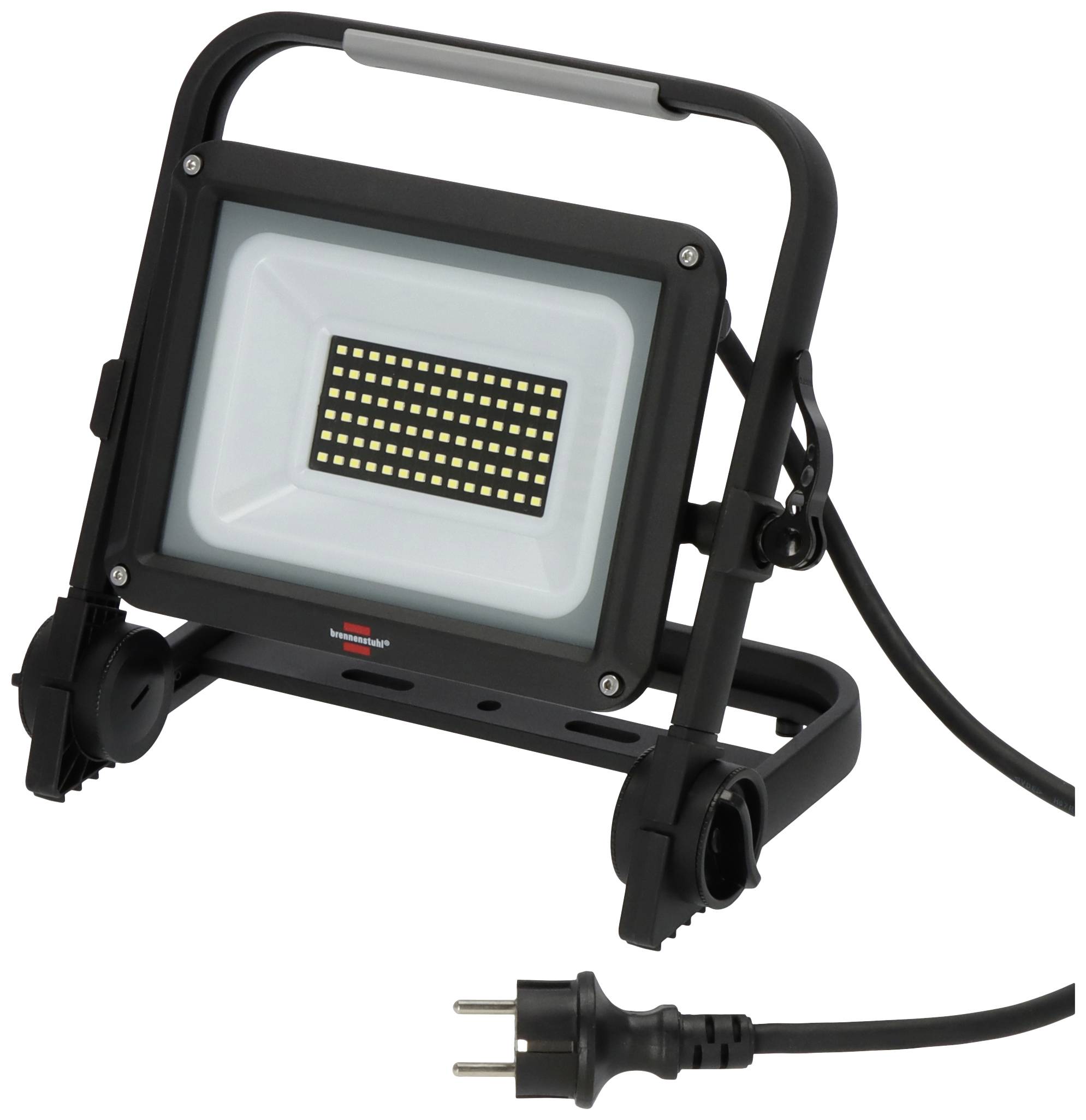 Un projecteur LED mobile avec un boîtier noir et une poignée, montrant le câble électrique avec sa fiche.