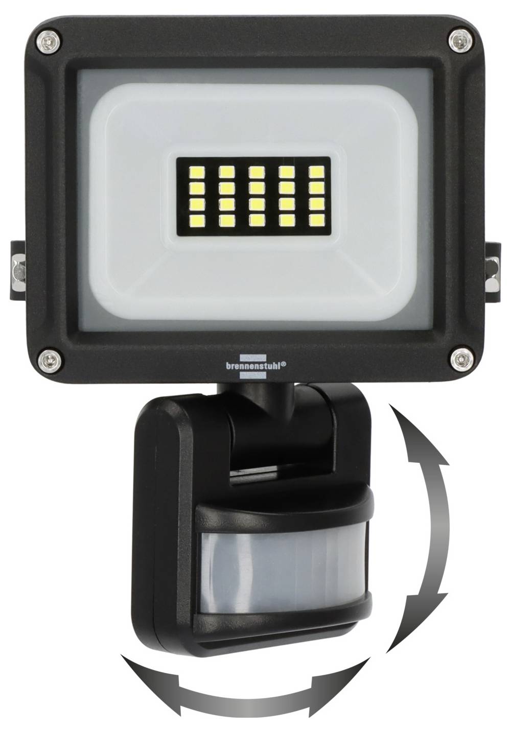 Projecteur de sécurité LED avec détecteur de mouvement, présenté sur un support pivotant réglable pour orienter la lumière.