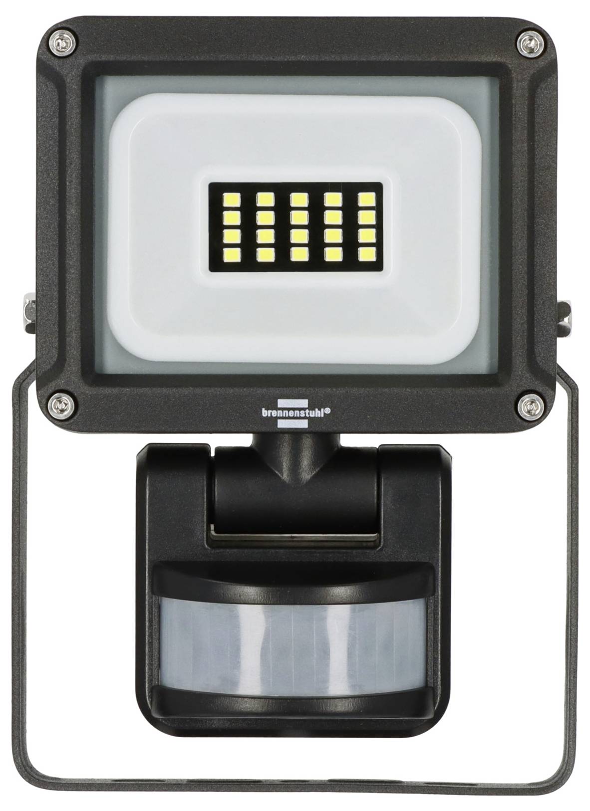 Projecteur LED d'extérieur à détection de mouvement avec capteur PIR intégré sur un support métallique, montré en vue de face sur un fond blanc.