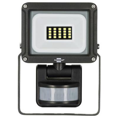 Projecteur LED d'extérieur à détection de mouvement avec capteur PIR intégré sur un support métallique, montré en vue de face sur un fond blanc.