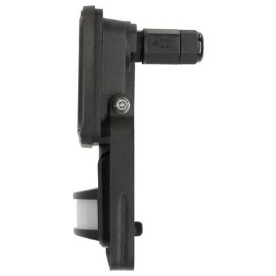 Vue latérale d'un appareil électrique noir monté au mur avec une prise cylindrique saillante étiquetée « 250V~ 16A » et une lentille de capteur de mouvement inférieure.