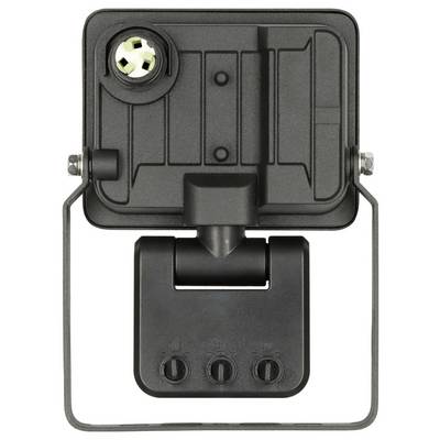 Projecteur d'extérieur noir avec support réglable et prise de courant circulaire intégrée ou port de commande à l'arrière.