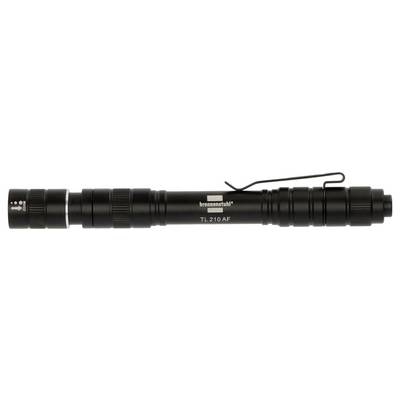 Lampe de poche Brennenstuhl TL 210 AF noire avec des clips sur le corps et une sangle de main fixée à l'extrémité.
