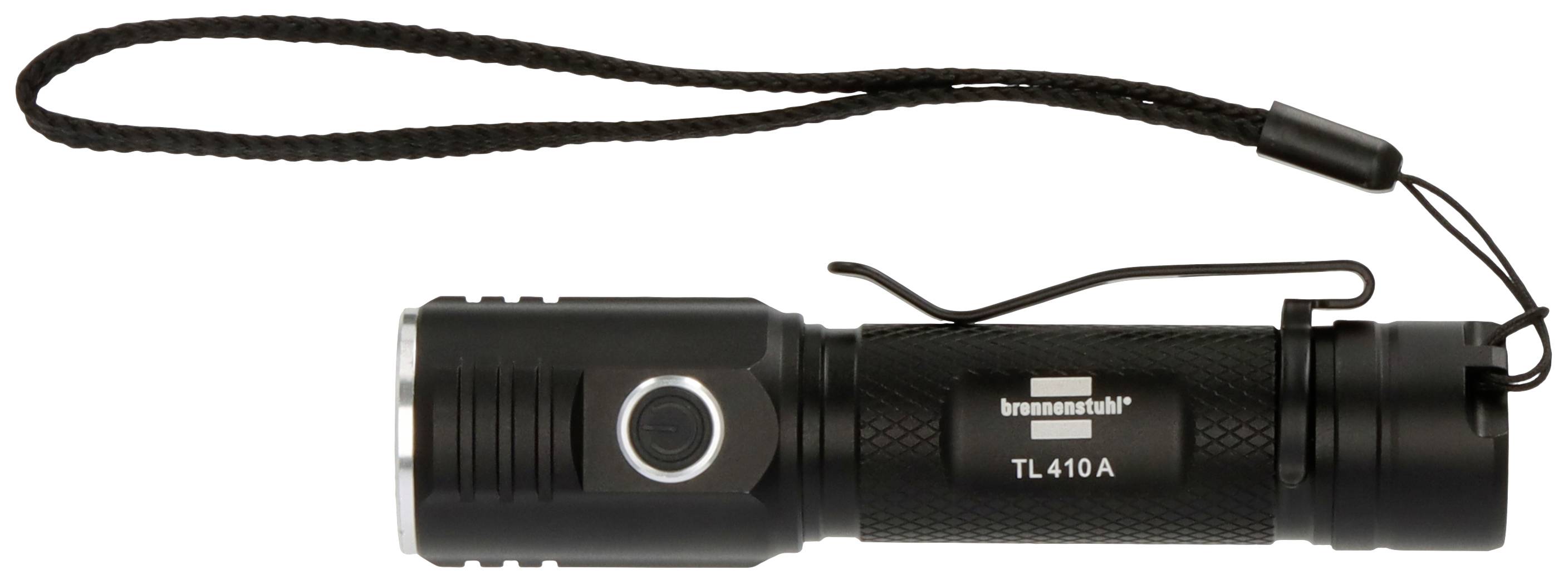 Lampe de poche noire avec dragonne et clip, numéro de modèle TL410A, avec un grand bouton sur le côté.