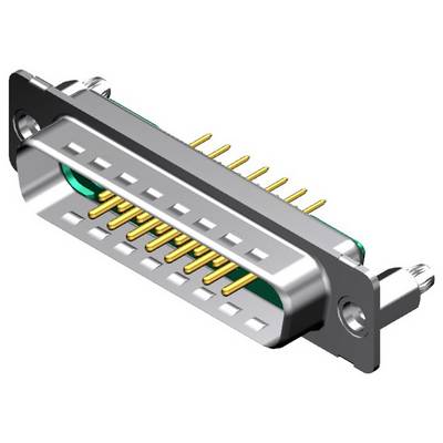 Un modèle 3D d'un connecteur D-sub mâle, montrant un boîtier métallique avec plusieurs broches dorées, utilisé pour connecter des appareils électroniques.