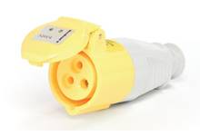 Boîtier de connexion électrique jaune et blanc avec trois bornes rondes, partiellement ouvert, sur fond blanc.