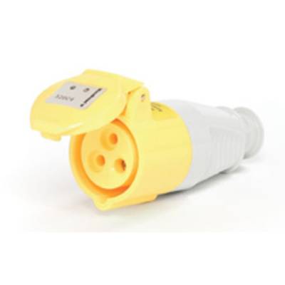 Boîtier de connexion électrique jaune et blanc avec trois bornes rondes, partiellement ouvert, sur fond blanc.