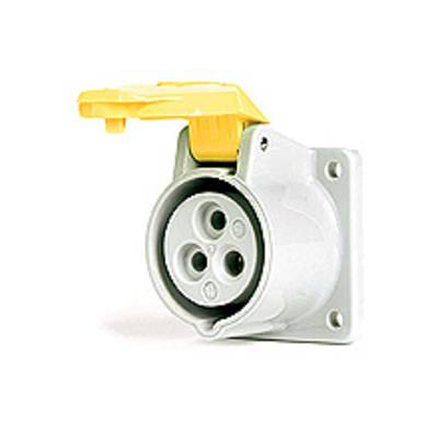 Prise électrique blanche ronde avec couvercle de protection jaune, adaptée aux espaces extérieurs. Principalement utilisée pour l'alimentation électrique.