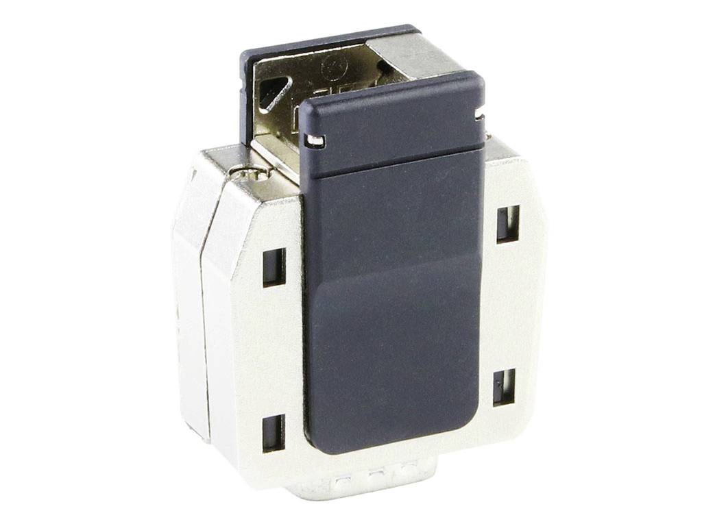'Adaptateur de module Keystone noir avec boîtier métallique, adapté pour l'installation dans des panneaux de brassage. Offre des connexions HDMI.'