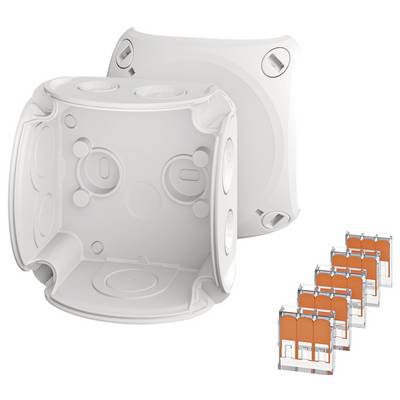Boîte en plastique blanc ouverte aux coins arrondis, à côté de plusieurs exemplaires fermés en orange et blanc. Utilisée pour le câblage.