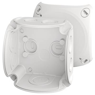 Une boîte de dérivation carrée ouverte en plastique avec un couvercle amovible, présentant quatre perforations pour les passages de câbles.
