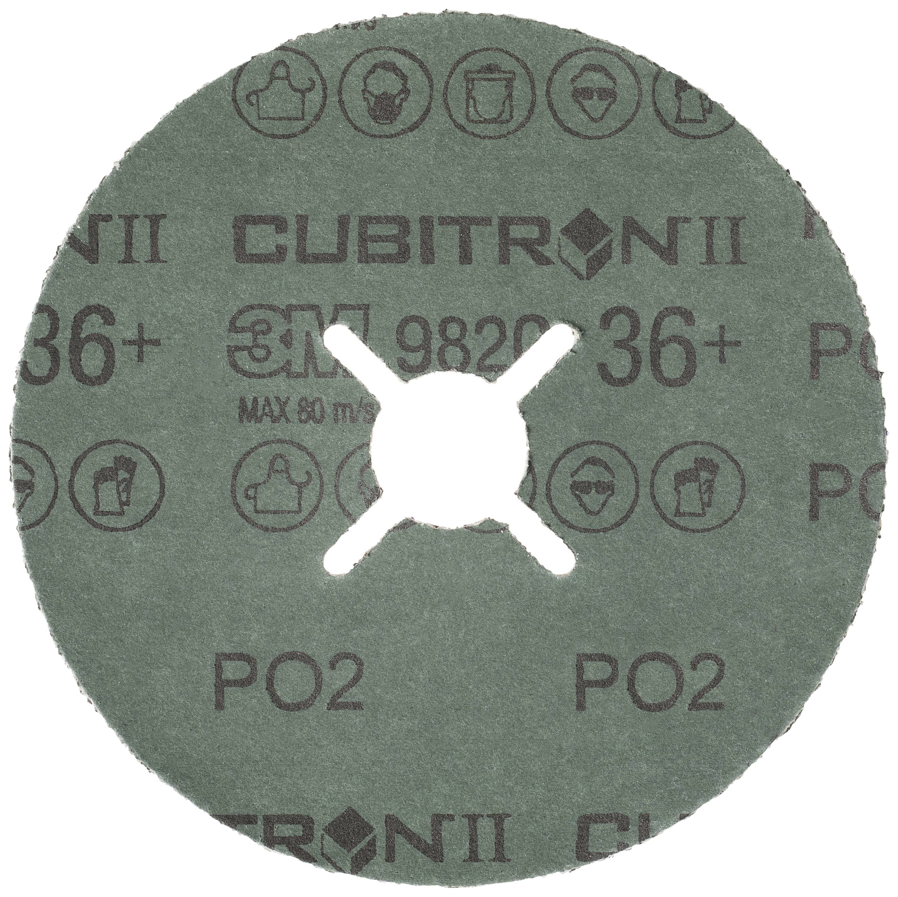 Disque de papier abrasif, vert avec impression '3M Cubitron II 982C 36+', adapté pour une vitesse maximale de 80 m/s. Contient des symboles EPI.