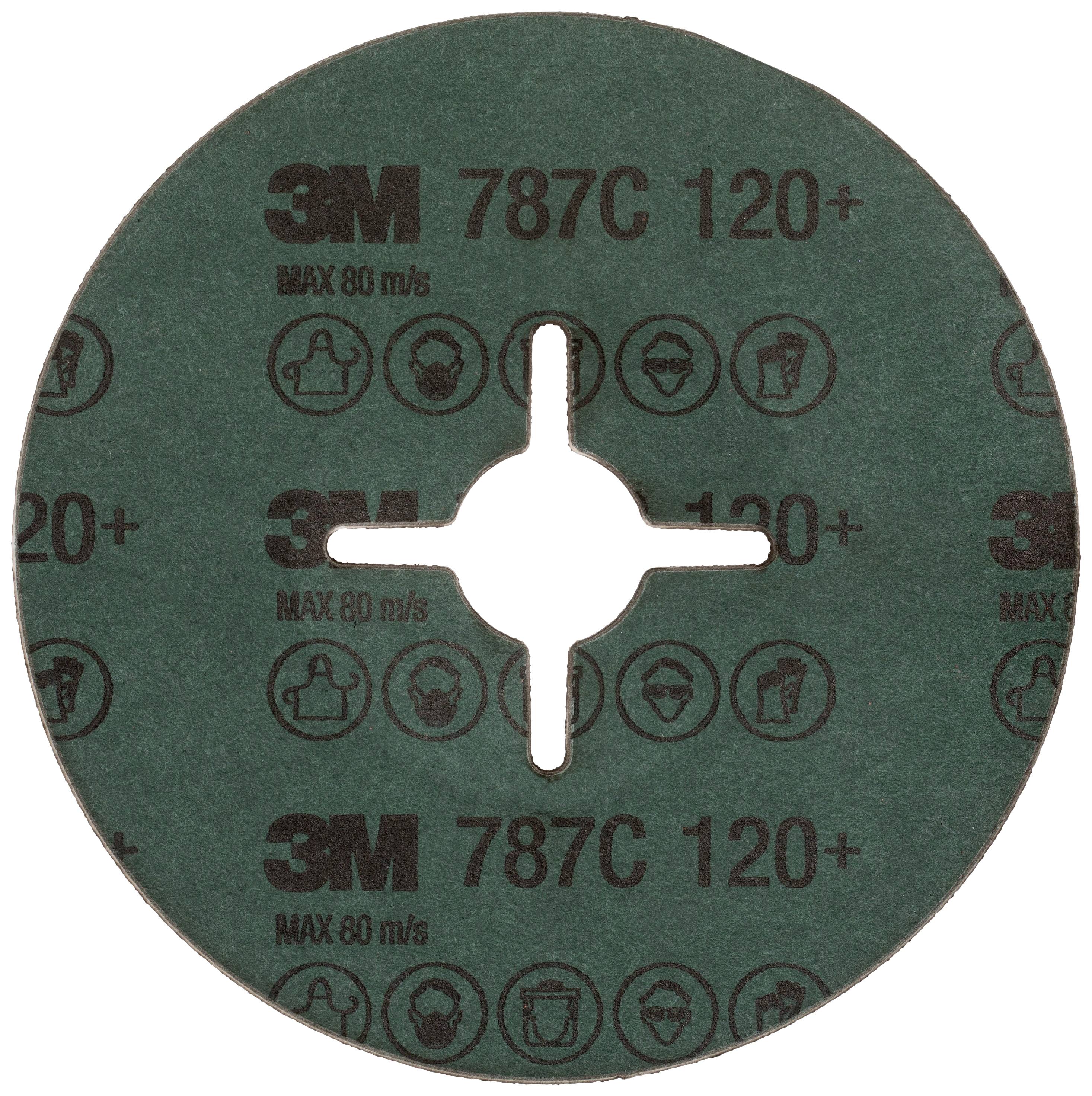 Disque abrasif 3M 787C, vert, grain 120+, forme ronde avec ouverture centrale et marquage 'MAX 80 m/s'.