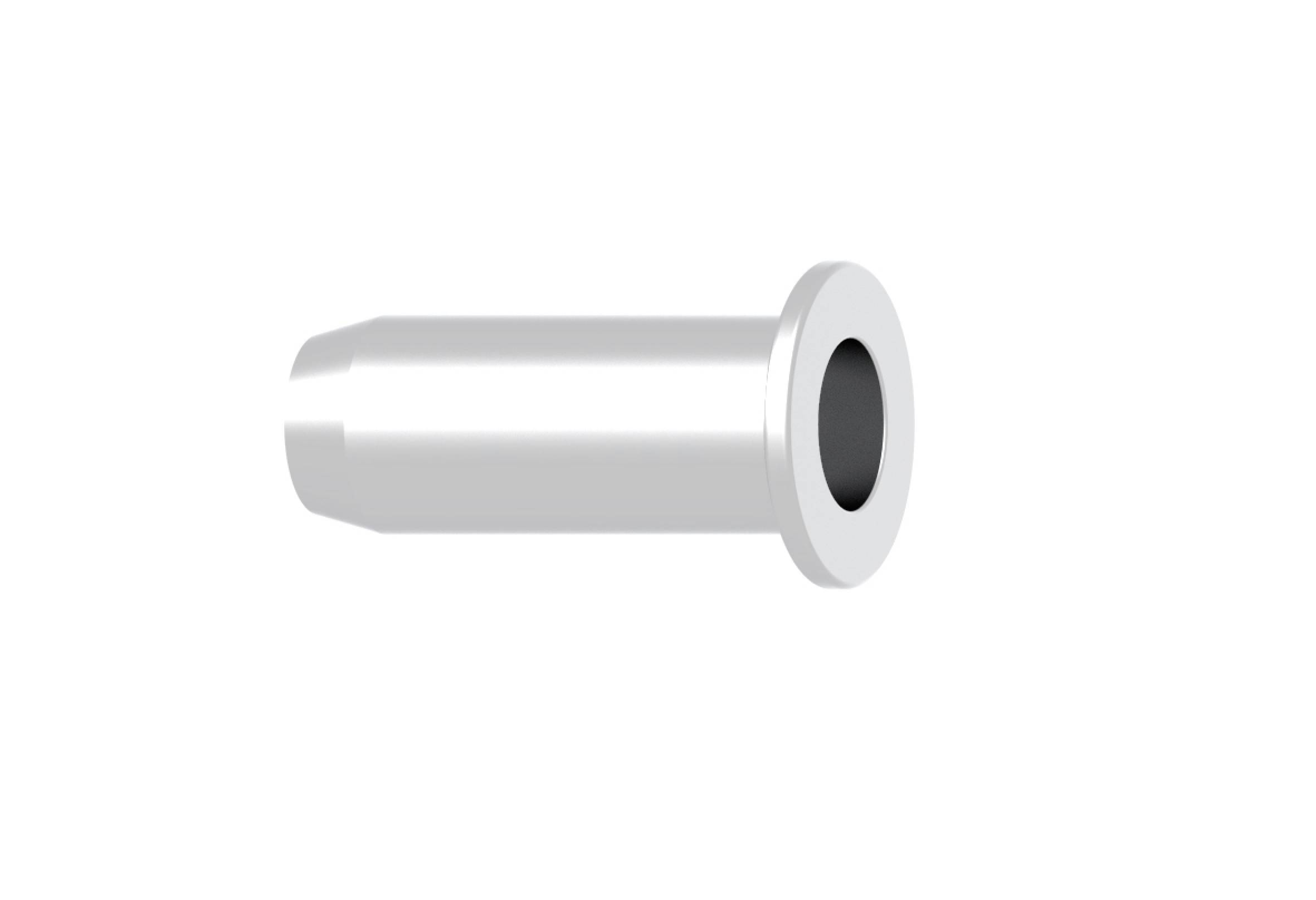 Pièce métallique cylindrique argentée avec une ouverture à son extrémité droite, probablement un composant de tuyau ou de ventilation.