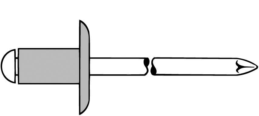 'Rivet': Représentation d'un rivet aveugle avec tête, tige et mandrin décrit. Les rivets aveugles servent à assembler durablement des composants.