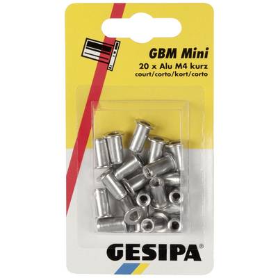 Emballage de 20 douilles filetées courtes en aluminium, taille M4. Marque : Gesipa. Emballage en jaune, rouge et bleu.