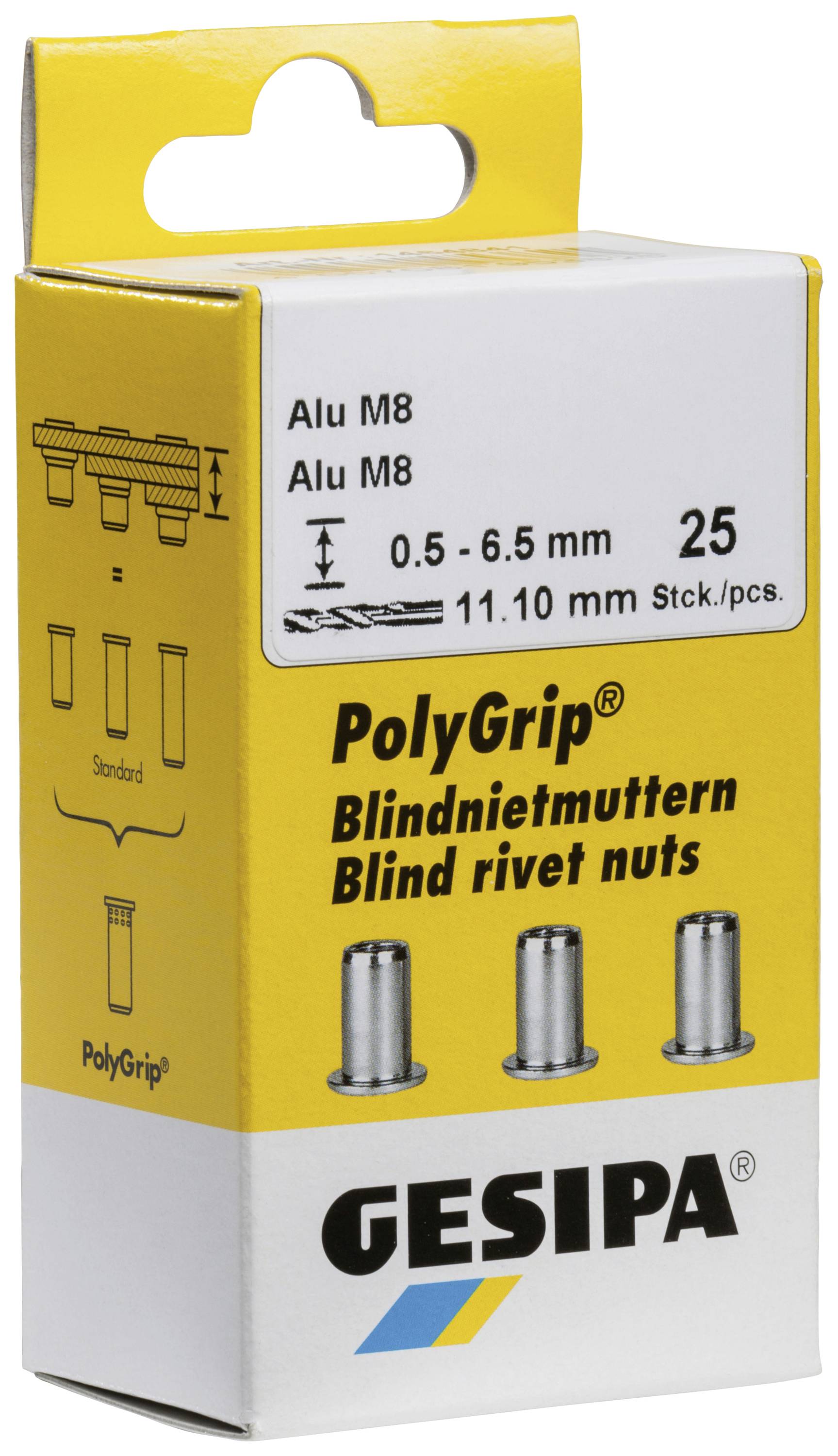 'Écrous à rivets aveugles Gesipa PolyGrip, Alu M8, pour tôles de 0,5-6,5 mm, lot de 25 pièces. Illustration de trois écrous à rivets, emballage Jaune/Blanc.'
