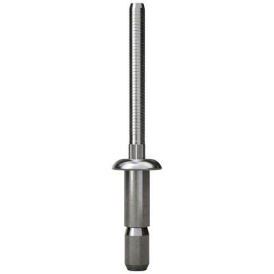 Un rivet aveugle en argent avec une tige longue et cannelée et une tête large, utilisé pour assembler des matériaux sans filetage.