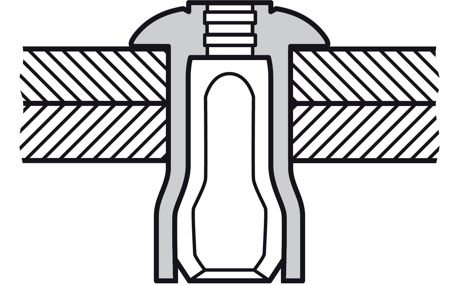 Représentation schématique d'une coupe transversale d'un assemblage par rivetage reliant deux couches. Les composants principaux sont visibles.