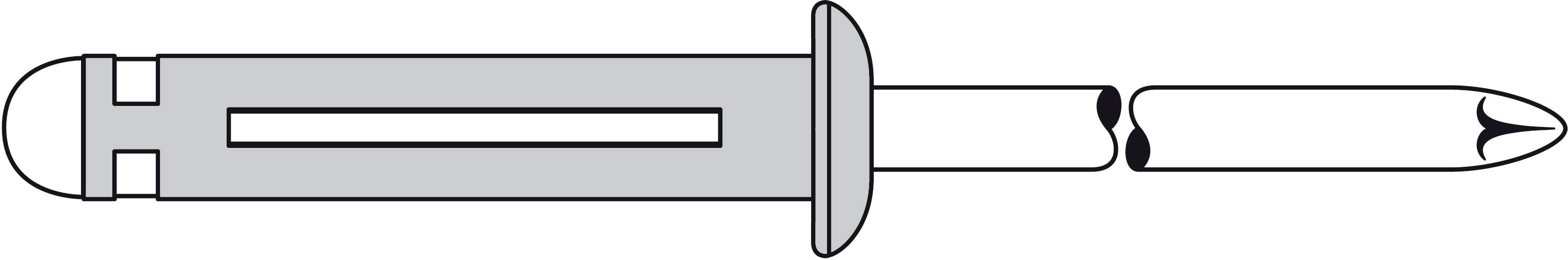 Diagramme d'un outil de rivetage sans étiquettes détaillées, composé d'une poignée et d'un embout avec une extrémité en forme de tige.