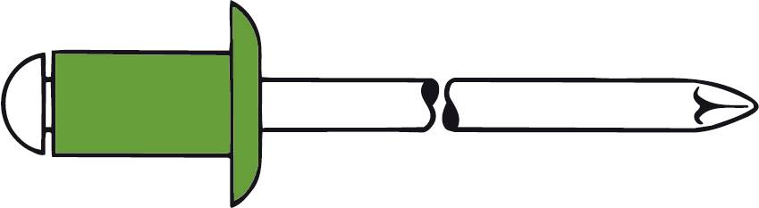 Un rivet aveugle vert, composé d'un tube creux et d'une tige centrale, illustré sous forme de dessin.