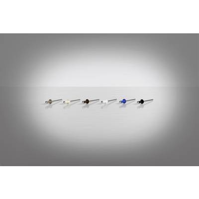 Six rivets de différentes couleurs (marron, blanc, noir, blanc, bleu, noir) sur une surface lisse et réfléchissante.