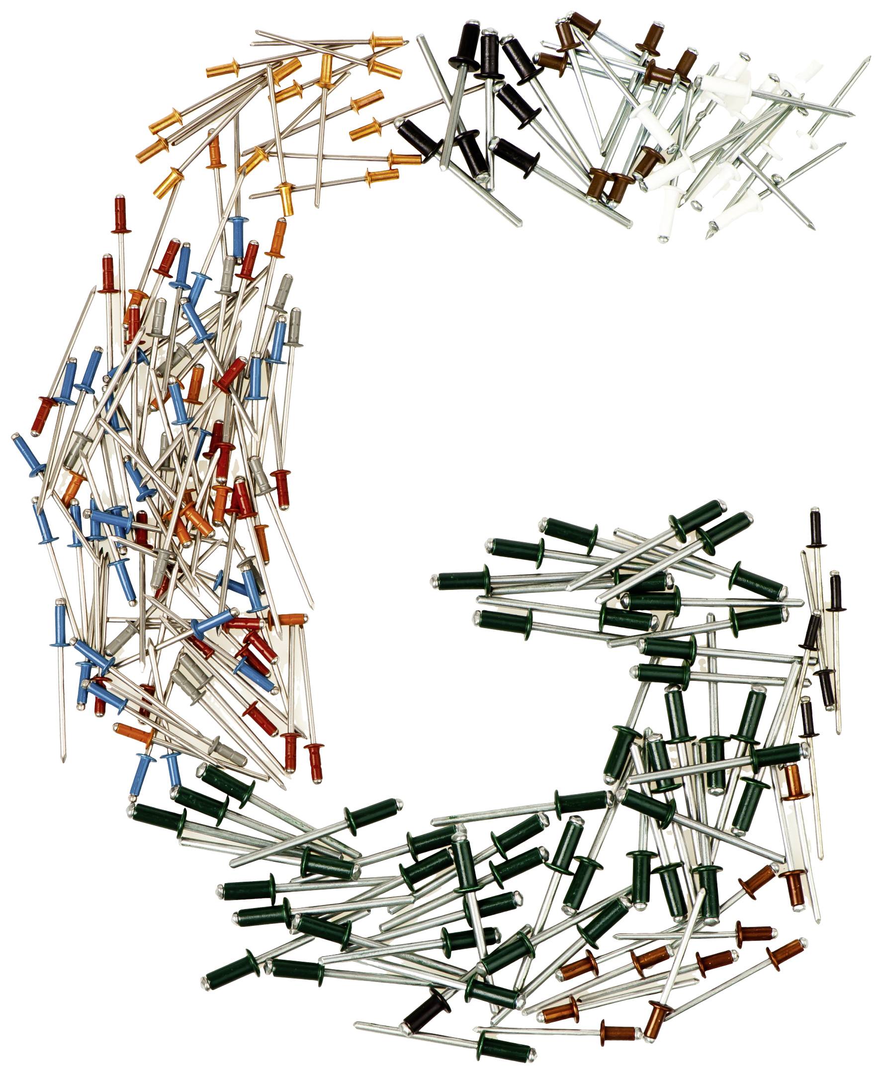 Sur un fond blanc, des rivets colorés sont disposés de manière à former la forme de la lettre "G".