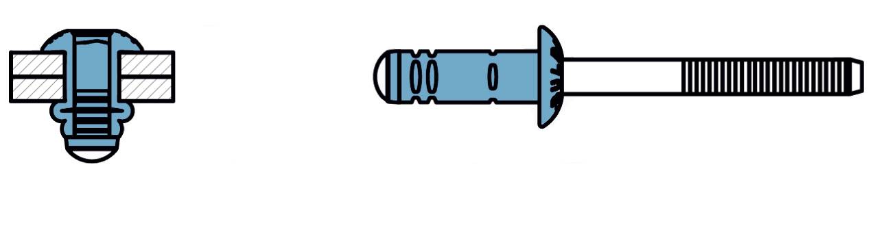 Deux diagrammes d'un rivet aveugle : À gauche, vue en coupe transversale montrant les différents matériaux ; à droite, vue latérale du rivet aveugle complet.