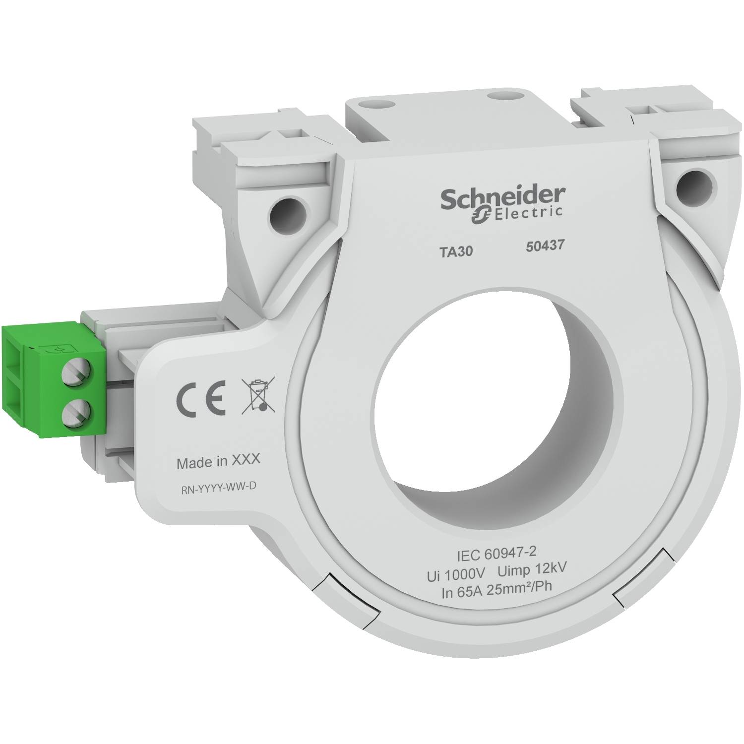 Transformateur de courant de marque Schneider Electric, modèle TA30, pour applications électriques. Contient des informations techniques et des spécifications.