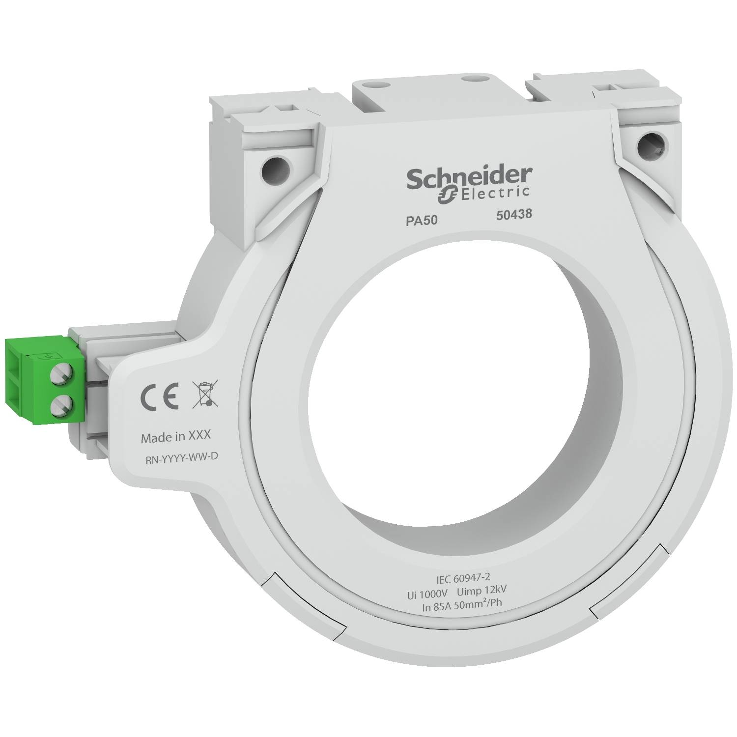 Un capteur à noyau torique blanc de Schneider Electric avec des connexions et des marquages verts, adapté aux mesures électriques.