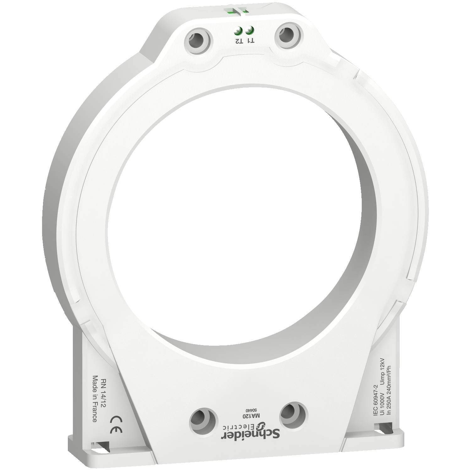 Un composant de boîtier blanc et rond portant l'inscription 'Schneider Electric', fabriqué en France, avec des trous de vis pour la fixation.