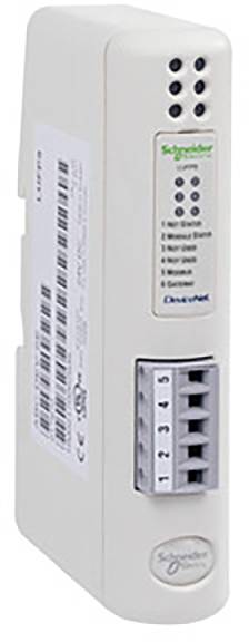 Un dispositif électronique blanc avec plusieurs LED et connexions. Étiquette "Schneider Electric" et "Compact".