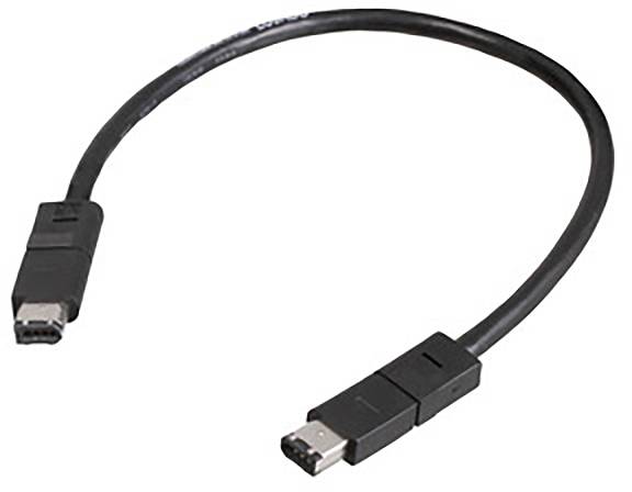 Un câble FireWire-400 noir avec des connecteurs rectangulaires aux deux extrémités, utilisé pour le transfert de données entre appareils.