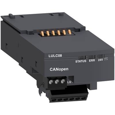 Un module électrique noir portant l'inscription 'CANopen', avec des voyants LED pour le statut et les erreurs, adaptable sur rail DIN.