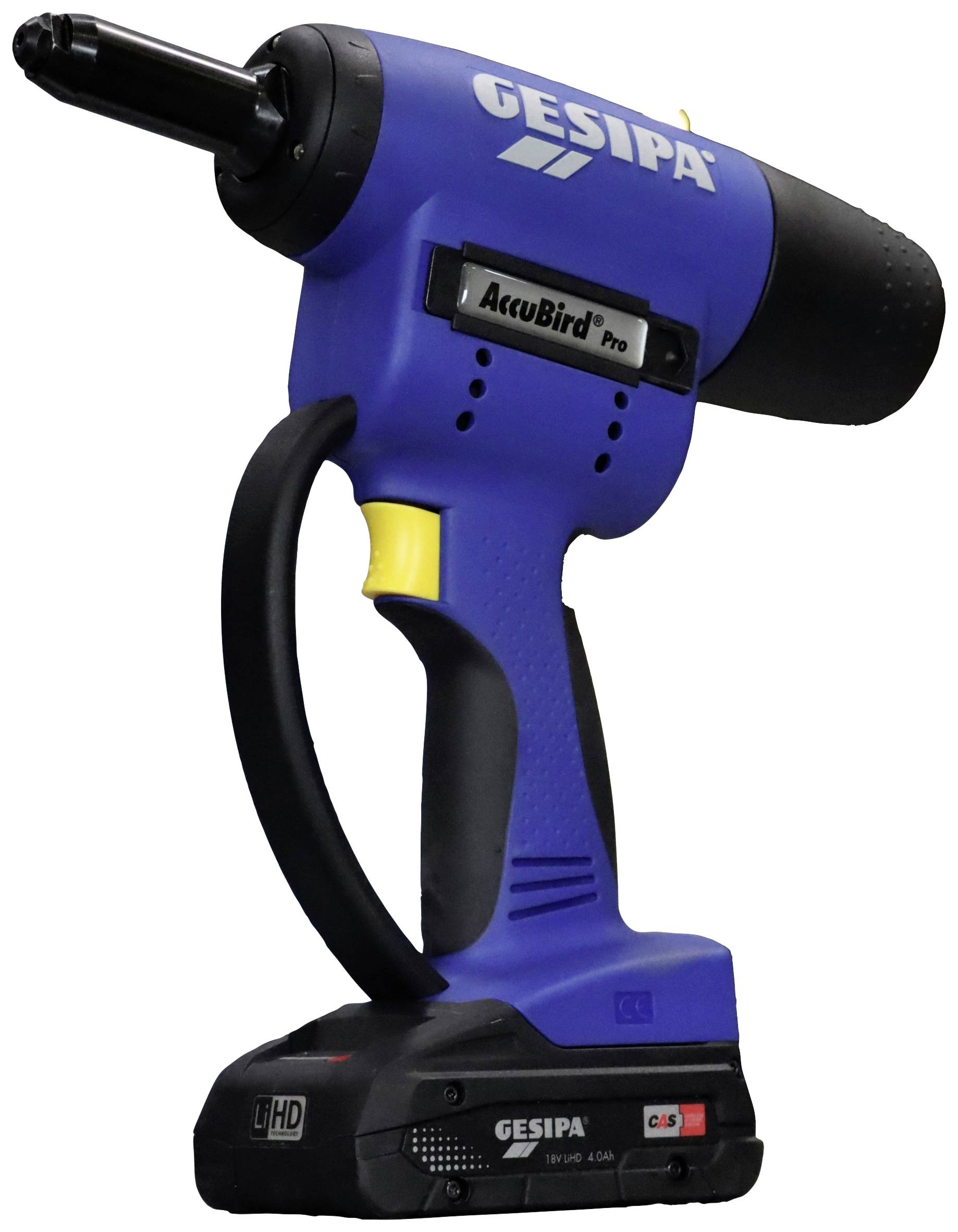 Outil de rivetage électrique à batterie en bleu et noir de la marque 'GESIPA' et 'AccuBird Pro', adapté aux applications industrielles.