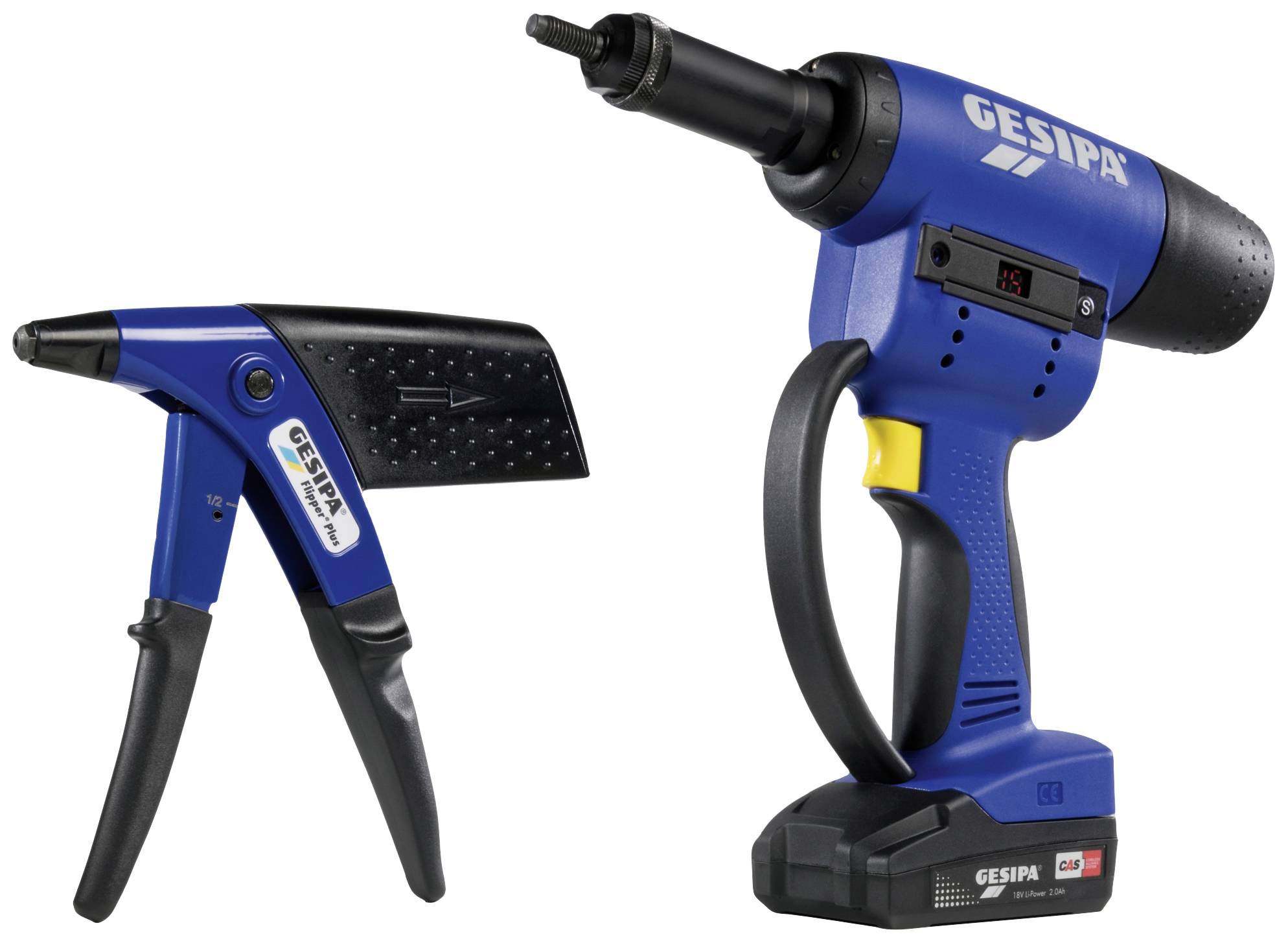 Deux outils de rivetage bleus, l'un manuel et l'autre électrique avec batterie. Les deux sont équipés d'une poignée et d'une pointe métallique pour la fixation.